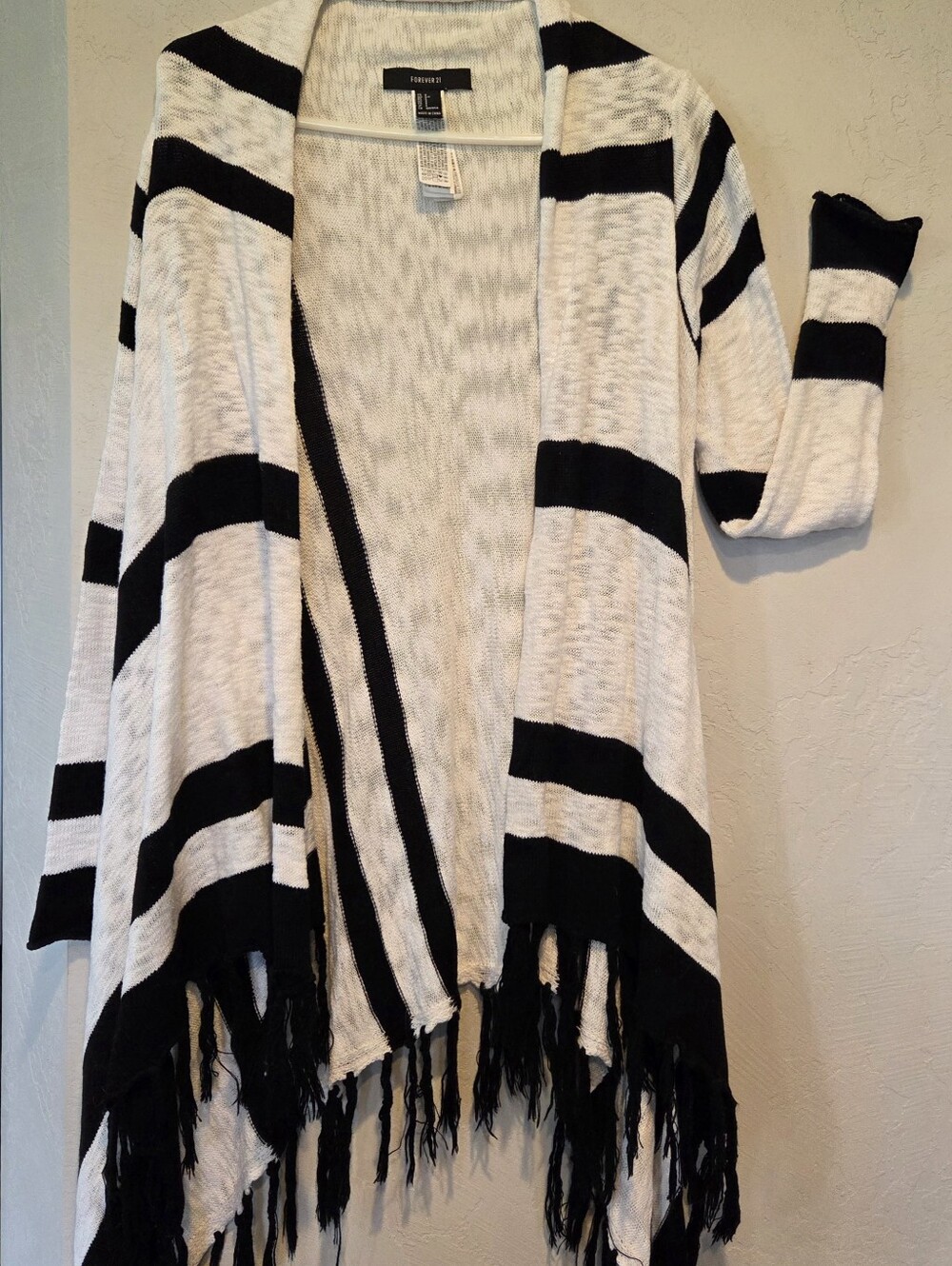 Forever 21 Black and White Striped Fringe Cardigan SIZE small.